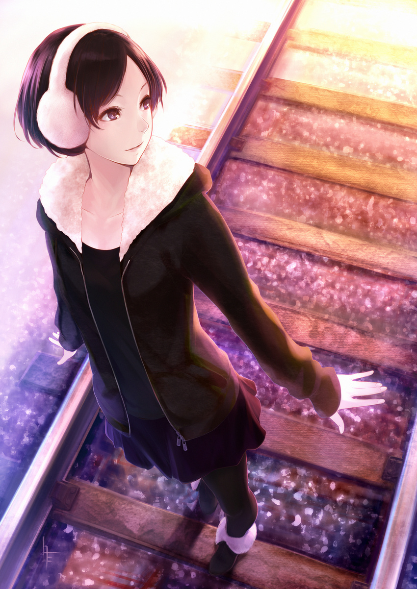 absurdres black_eyes black_hair black_legwear bob_cut boots coat earmuffs from_above fuyuno_yuuki highres looking_back original pantyhose railroad_tracks short_hair skirt smile solo