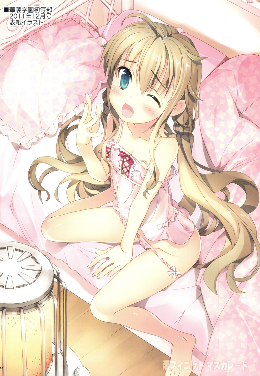 ;d ahoge barefoot bed blanket blonde_hair blue_eyes copyright_request fang from_above highres long_hair looking_up no_shoes one_eye_closed open_mouth panties pillow pink_panties sitting smile solo source_request strap_slip underwear wariza yan-yam yawning