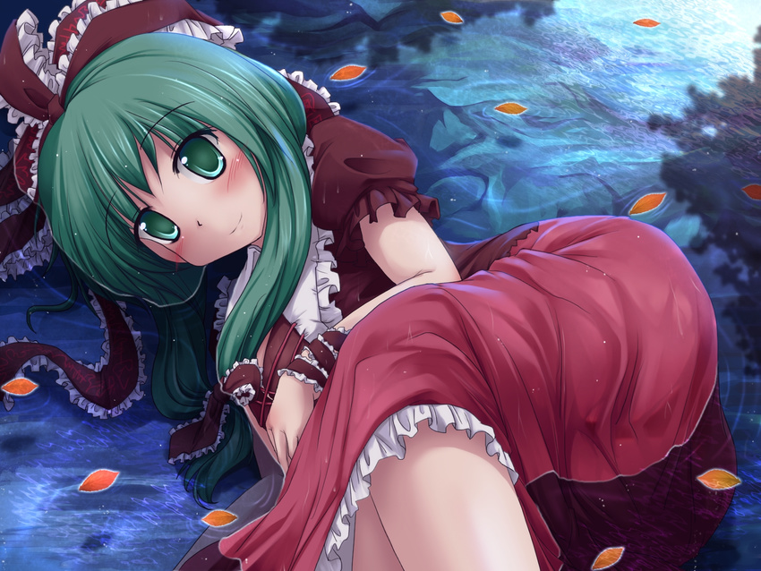 blush bow dress frills front_ponytail green_eyes green_hair hair_bow hair_ribbon highres kagiyama_hina leaf long_hair lzh red_dress ribbon smile solo submerged touhou water