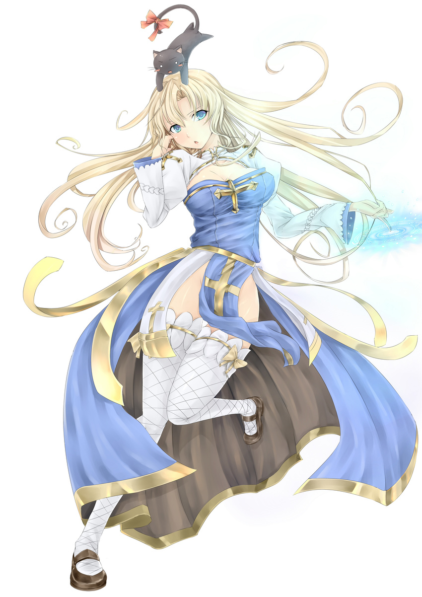 :o absurdres archbishop blonde_hair blue_eyes breasts cat cropped_jacket cross groin highres large_breasts long_hair looking_at_viewer no_panties object_on_head open_mouth ragnarok_online simple_background solo standing standing_on_one_leg thighhighs vicsen-u5 white_background white_legwear