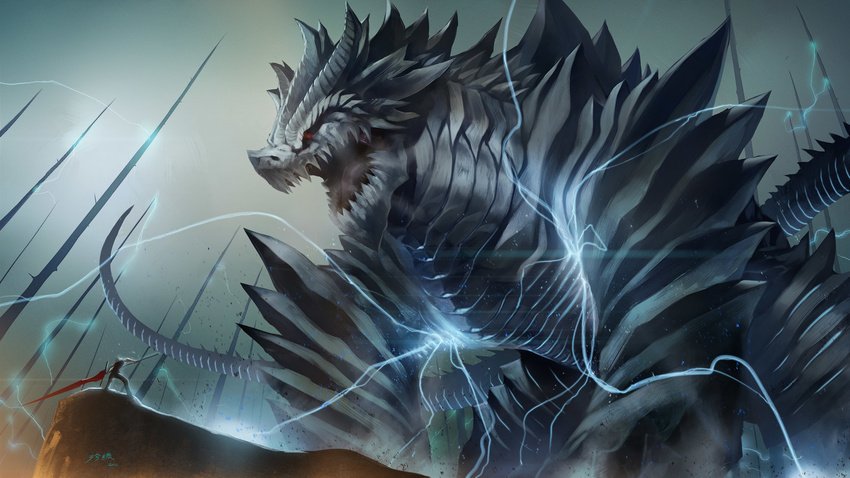 electricity epic highres monster original sword weapon white_hair zhen_lu
