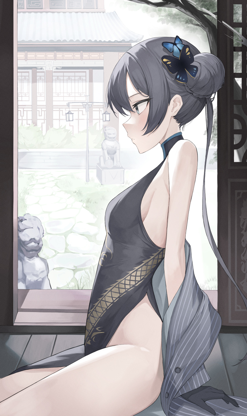 1girl absurdres ahr_tato black_dress black_gloves black_hair blue_archive breasts butterfly_hair_ornament china_dress chinese_clothes closed_mouth commentary double_bun dress gloves grey_eyes grey_jacket hair_bun hair_ornament highres jacket kisaki_(blue_archive) long_hair profile small_breasts solo striped striped_jacket thighs twintails vertical-striped_jacket vertical_stripes