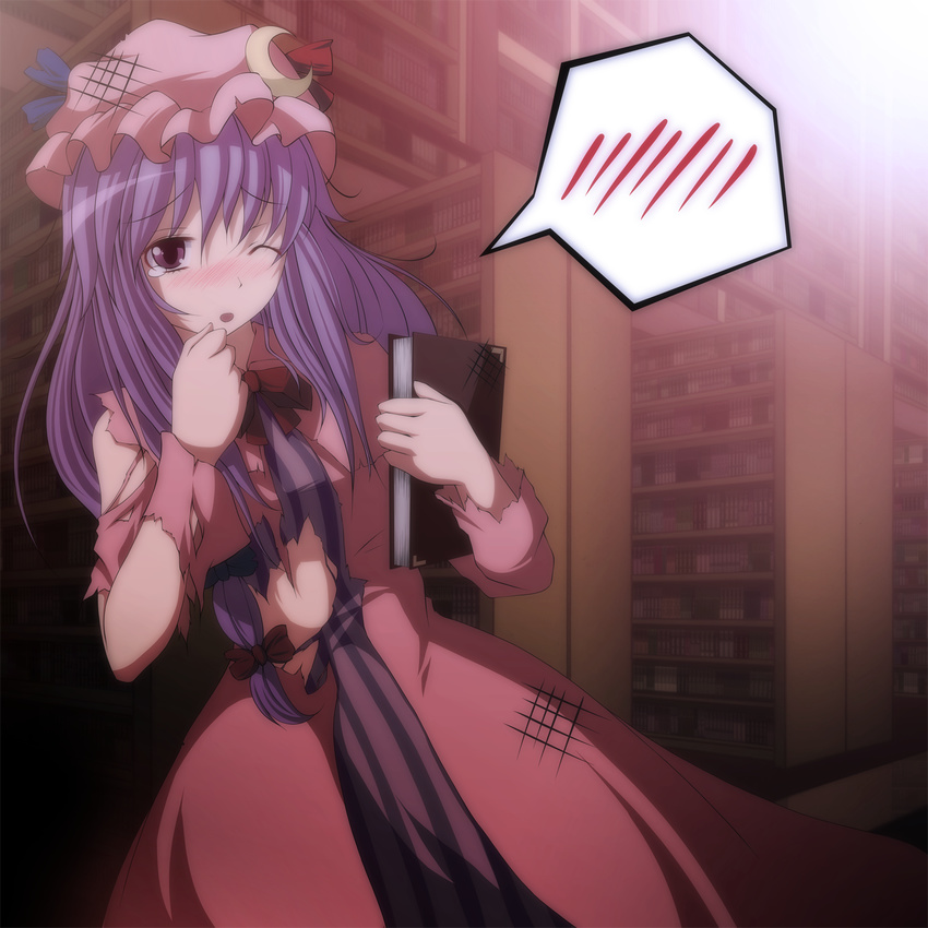 bad_id bad_pixiv_id blush book crescent dirty dress hat highres long_hair midriff one_eye_closed open_mouth patchouli_knowledge pink_dress purple_eyes purple_hair s-syogo solo spoken_blush tears torn_clothes touhou wince