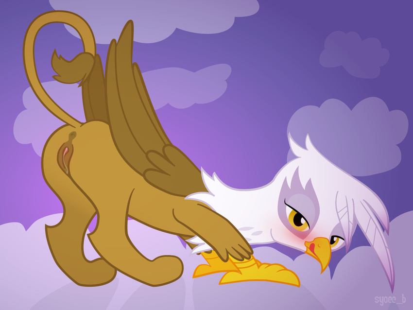 anus avian beak blush butt female feral friendship_is_magic gilda_(mlp) gryphon licking licking_lips looking_at_viewer my_little_pony pussy raised_tail solo syoee_b tail tongue tongue_out wings yellow_eyes