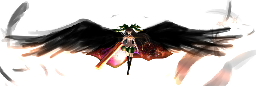 absurdres arms_up bad_id bad_pixiv_id black_eyes black_hair black_legwear black_wings bow cape feathers hair_bow highres hosimo large_wings long_hair reiuji_utsuho serious simple_background solo space_print starry_sky_print tears thighhighs third_eye touhou white_background wings