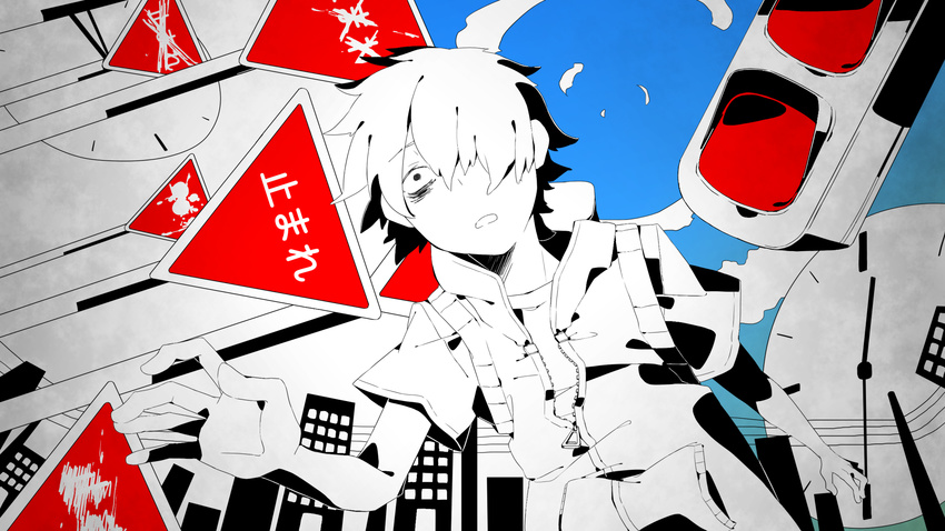 amamiya_hibiya building city clock hair_over_one_eye highres kagerou_days_(vocaloid) kagerou_project male_focus monochrome road_sign shizu_(9394marimo) sign spot_color traffic_light vocaloid