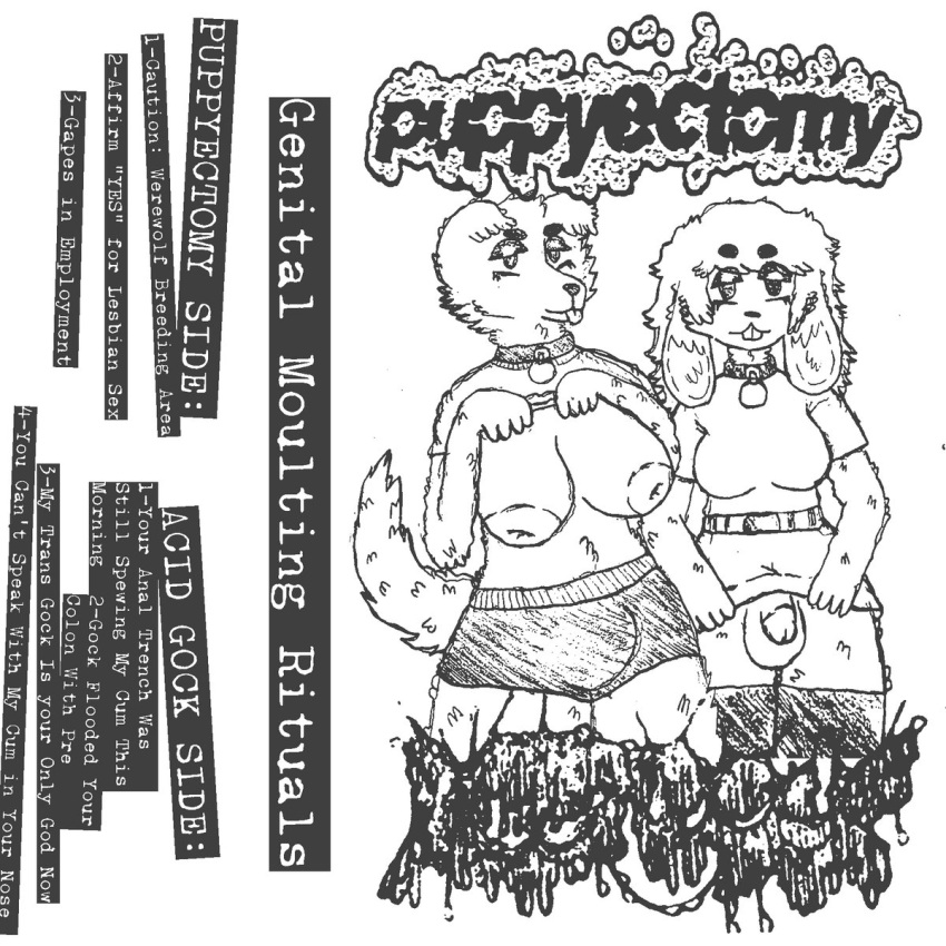1:1 album_cover alternative_fashion anthro areola balls band_logo big_breasts bottomwear breasts buckteeth bulge canid canine canis clothed clothing clothing_lift collar collar_tag cover domestic_dog duo female female/female flashing flashing_breasts flashing_penis fluffy fluffy_tail fur galaxymoth genitals gynomorph hi_res intersex inverted_nipples lagomorph legwear leporid looking_at_viewer mammal metalhead monochrome music nipples penis presenting presenting_breasts presenting_penis rabbit simple_background skirt skirt_lift tail teeth thigh_highs tongue tongue_out trans_(lore) trans_woman_(lore) underwear white_background