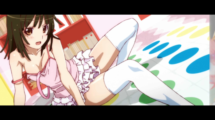 bakemonogatari brown_eyes brown_hair camisole highres legs letterboxed long_legs monogatari_(series) nisemonogatari non-web_source screencap sengoku_nadeko short_hair skirt solo strap_slip thighhighs twister zettai_ryouiki