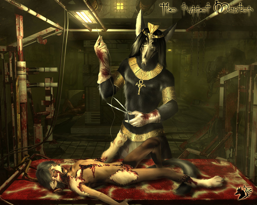 anubis blood canine deity egyptian gore horror jackal male mammal penectomy puppet selker