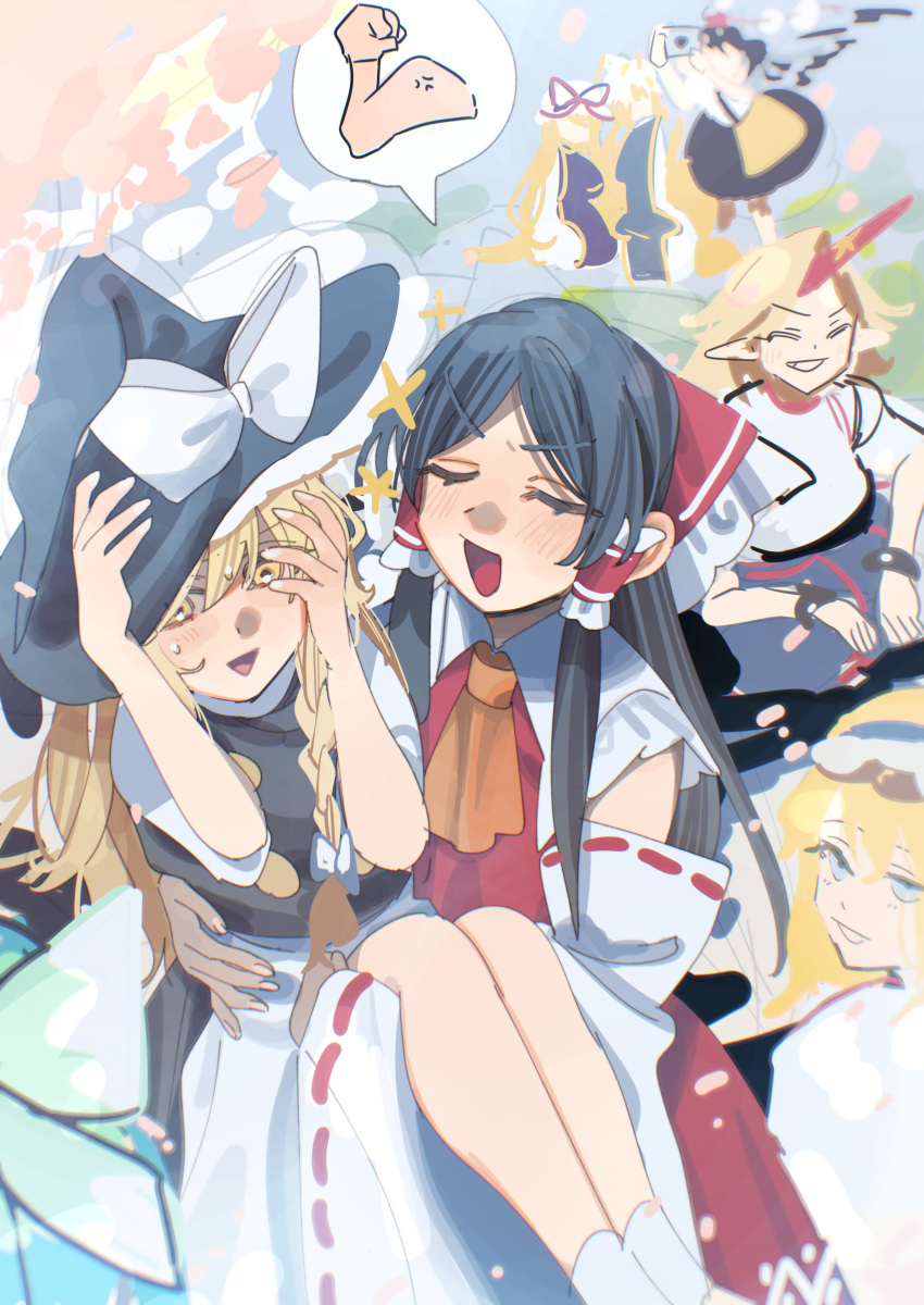 6+girls absurdres alice_margatroid apron ascot black_hair black_skirt black_vest blonde_hair blue_eyes blue_skirt blue_tabard blush bow braid camera carrying carrying_person closed_eyes commentary_request detached_sleeves frilled_bow frilled_hair_tubes frills hair_bow hair_tubes hakurei_reimu hat hat_bow hat_ribbon highres holding holding_camera horns hoshiguma_yuugi kirisame_marisa long_hair mob_cap multiple_girls oni open_mouth princess_carry purple_tabard red_bow red_horns red_skirt ribbon ribbon-trimmed_sleeves ribbon_trim shameimaru_aya shi_chimi shirt side_braid single_braid single_horn skirt skirt_set sweatdrop tabard touhou very_long_hair vest waist_apron white_bow white_shirt witch_hat yakumo_ran yakumo_yukari yellow_ascot yellow_eyes yuri