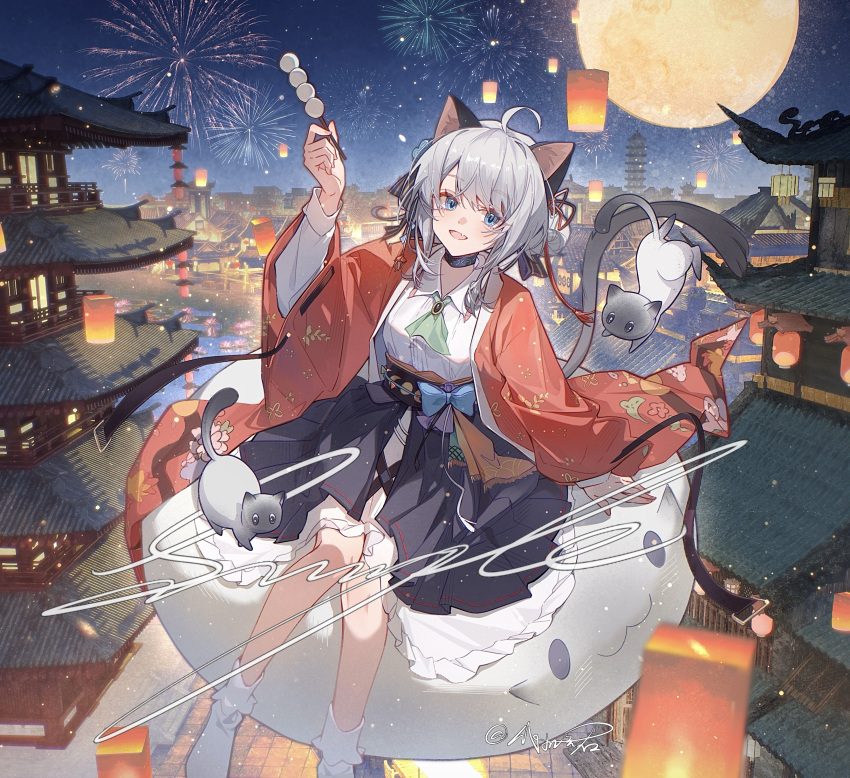 1girl absurdres aerial_fireworks animal_ears arknights ascot black_skirt blue_eyes bobby_socks cat cat_ears cat_girl cat_tail cloudyman commentary commission dango english_commentary fang fireworks food full_moon green_ascot grey_hair haori highres holding holding_skewer infection_monitor_(arknights) japanese_clothes mint_(arknights) mint_(tsukiyoi)_(arknights) moon night official_alternate_costume open_mouth red_haori sample_watermark shirt short_hair skewer skin_fang skirt socks solo tail wagashi watermark white_shirt white_socks