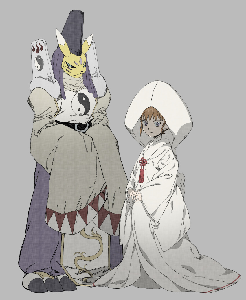 1girl absurdres black_sclera blue_eyes brown_hair colored_sclera digimon digimon_tamers full_body grey_background highres kitsune ldhdigimon makino_ruki purple_eyes robe simple_background standing taomon white_robe