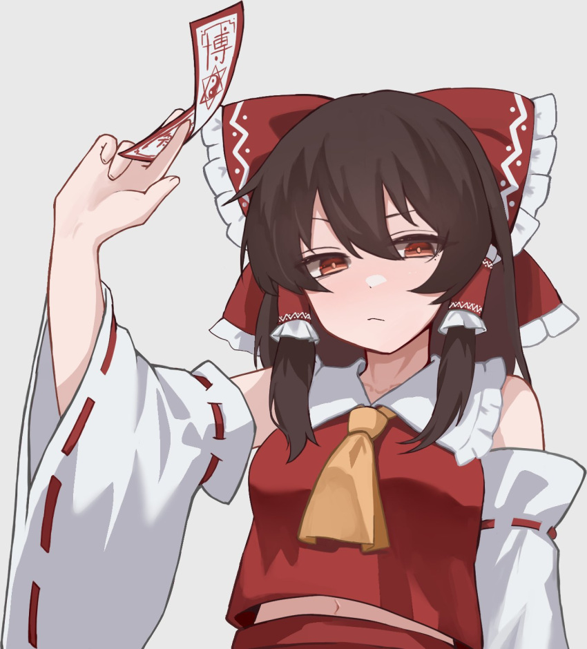 1girl ascot between_fingers bow breasts brown_eyes brown_hair closed_mouth commentary detached_sleeves frilled_bow frilled_hair_tubes frills hair_bow hair_tubes hakurei_reimu highres holding holding_ofuda jager long_hair looking_at_viewer medium_breasts ofuda ofuda_between_fingers red_bow red_skirt ribbon-trimmed_sleeves ribbon_trim skirt skirt_set solo touhou untranslatable_commentary yellow_ascot