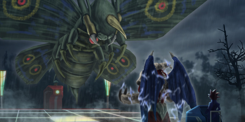 2boys absurdres antennae arthropod_limbs bare_tree bug carapace claws cloud cloudy_sky colored_bangs commentary demon demon_horns demon_wings duel_(yu-gi-oh!) duel_arena duel_monster electricity english_commentary fangs floating giant_insect green_carapace highres horns insect_wings insector_haga jacket moth_antennae multiple_boys outdoors oversized_bug perfectly_ultimate_great_moth skeleton sky spiked_hair standing summoned_skull thomas_pak tree wings yami_yugi yu-gi-oh! yu-gi-oh!_duel_monsters