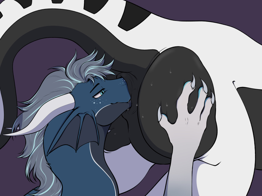 2021 2_horns 4:3 4_fingers ambiguous/ambiguous ambiguous_anthro ambiguous_feral ambiguous_gender ambiguous_on_feral anal anal_fluids anarog anthro anthro_on_feral anus bestiality black_anus black_body black_countershading blue_body blue_eyes bodily_fluids butt butt_focus claws closed_smile countershade_butt countershade_tail countershading deep_skin defell_is_not_human dragon duo ear_frill face_in_ass featureless_crotch feral fingers frill_(anatomy) grey_mane half-closed_eyes hand_on_another's_butt hand_on_butt hi_res horn looking_pleasured male_(lore) mane mouth_closed multicolored_body mythological_creature mythological_scalie mythology narrowed_eyes oral purple_background rimming scalie sex simple_background smile snout_fuck sweat sweaty_butt tail two_tone_body white_body white_claws white_horn winter_(black-winter)