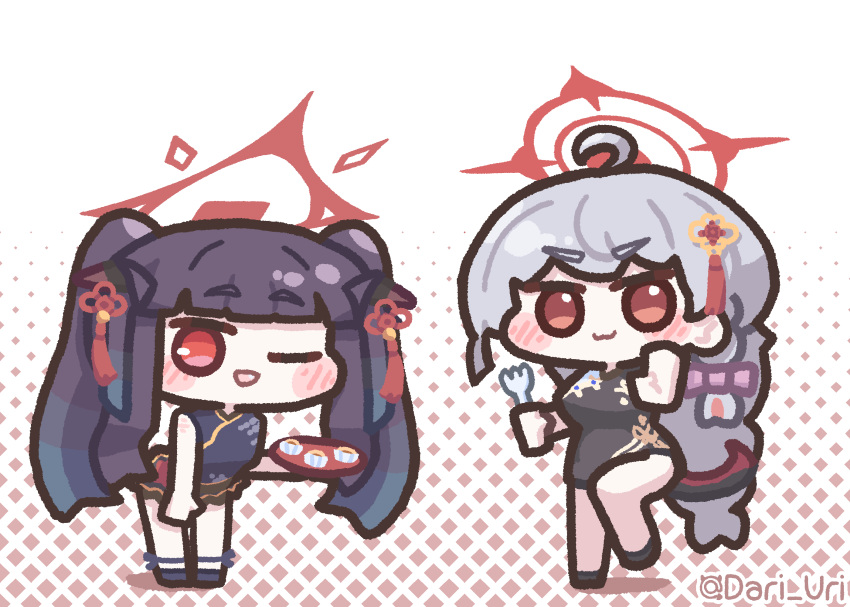 2girls :3 ;d ahoge black_dress black_hair black_shoes blue_archive blunt_bangs blush_stickers braid chibi chibi_only china_dress chinese_clothes closed_mouth commentary_request dari_uri double_bun dress fang fork full_body fuuka_(blue_archive) grey_hair hair_bun hand_up haruna_(blue_archive) highres holding holding_fork holding_tray korean_commentary long_hair looking_at_viewer mixed-language_commentary multi-source_commentary multiple_girls one_eye_closed open_mouth red_eyes shoes single_braid smile standing standing_on_one_leg tray twintails twitter_username