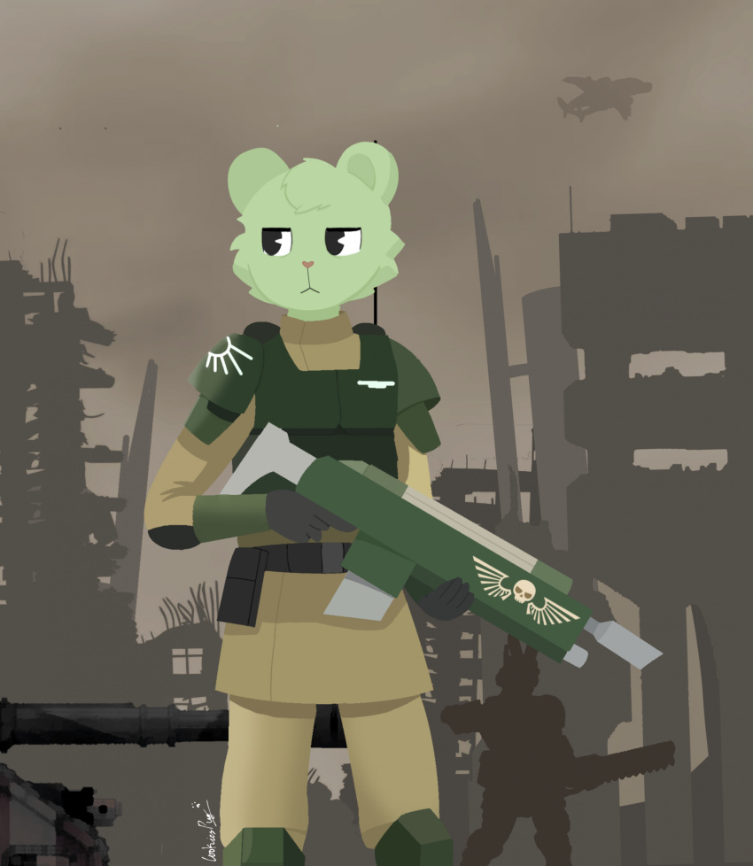 anthro apocalypse army cadia clothing cookiespug flippy flippy_(htf) happy_tree_friends hi_res imperial_guard male male/male military military_uniform ptsd ruined_city ruins soldier solo stressed tank_(vehicle) uniform vehicle warhammer_(franchise) warhammer_40000 warrior