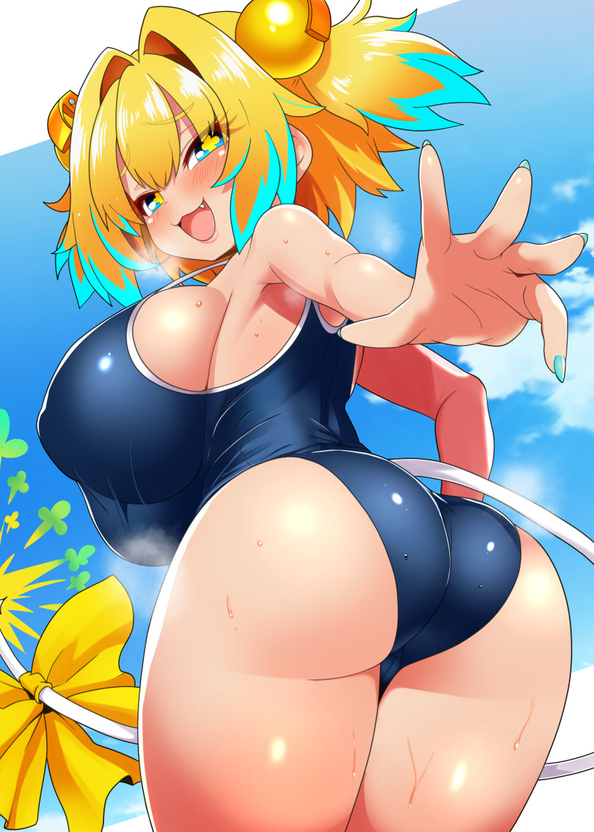 +_+ 1girl absurdres applying_manicure armpits ass blonde_hair blue_one-piece_swimsuit blush bomb_hair_ornament bombergirl breasts clover-shaped_pupils colored_tips commentary_request explosive fang from_behind from_below fuse fuse_tail grenade grenade_hair_ornament hair_between_eyes hair_intakes heavy_breathing highres huge_breasts igarashi_gozo large_breasts lips lit_fuse looking_at_viewer looking_back medium_hair multicolored_hair nail_polish one-piece_swimsuit open_mouth oppai_loli pine_(bombergirl) school_swimsuit shortstack sideboob skin_tight smile solo strap_gap sweat swimsuit symbol-shaped_pupils two-tone_hair yellow_pupils