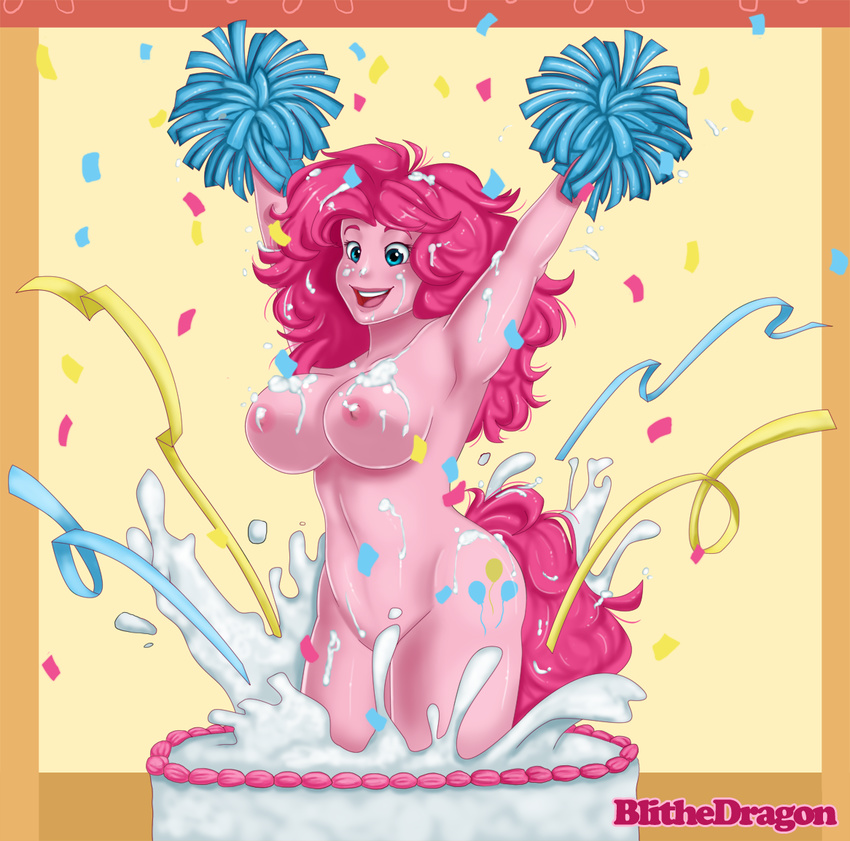 areola big_breasts blithedragon blue_eyes breasts cake confetti cutie_mark female food friendship_is_magic human humanized mammal my_little_pony nipples nude pinkie_pie pinkie_pie_(mlp) pom_poms smile solo
