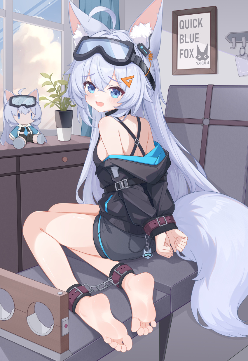 1girl absurdres ahoge animal_ear_fluff animal_ears bare_legs barefoot black_jacket black_shirt black_shorts blue_eyes blue_hair bound bound_ankles bound_wrists breasts character_doll chinese_commentary commentary_request criss-cross_back-straps doll eugenecolin feet fox_ears fox_girl fox_tail full_body goggles goggles_on_head hair_ornament highres hood hood_down hooded_jacket indoors jacket large_variant_set legs long_hair long_sleeves looking_at_viewer looking_back open_mouth original plant potted_plant puffy_long_sleeves puffy_sleeves revision shirt short_shorts shorts sleeveless sleeveless_shirt small_breasts soles solo tail toes triangle_hair_ornament variant_set very_long_hair window yukino_shigure