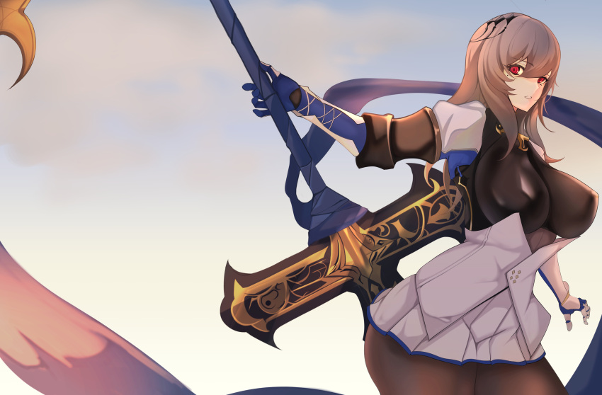 1girl absurdres alternate_breast_size_(larger) armor azur_lane blue_ribbon blue_trim bodystocking breastplate breasts commentary_request corset covered_nipples cowboy_shot gear0710 grey_hair hair_between_eyes highres holding holding_polearm holding_weapon large_breasts long_hair looking_at_viewer miniskirt mole mole_under_eye polearm red_eyes ribbon saint-louis_(azur_lane) skirt solo weapon white_corset white_skirt