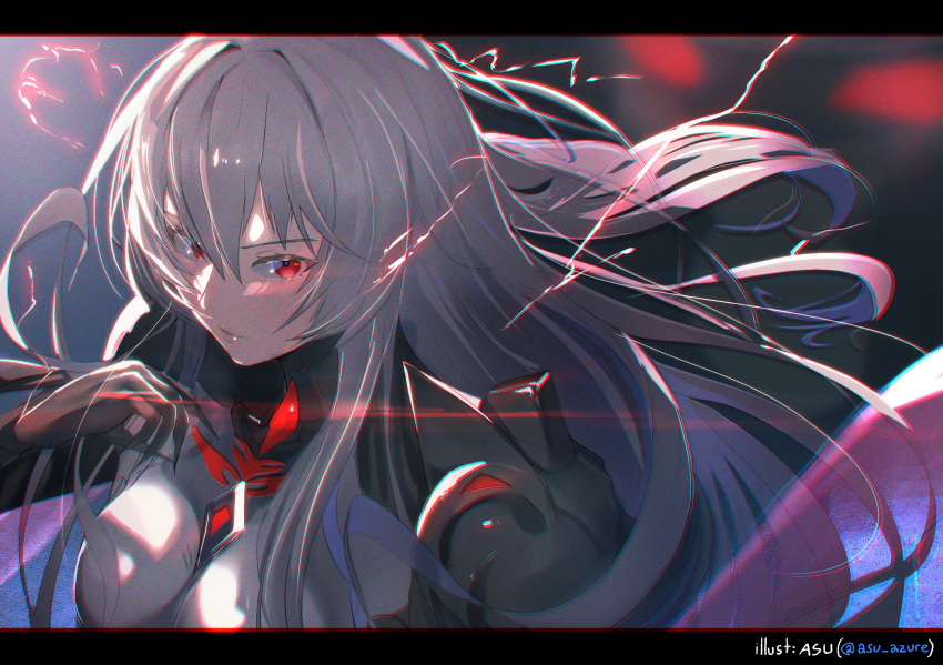 1girl asu_azure breasts commentary_request grey_hair hair_between_eyes hand_up highres long_hair looking_at_viewer pink_eyes pink_wings red_eyes rubilia_(tower_of_fantasy) solo tower_of_fantasy wings