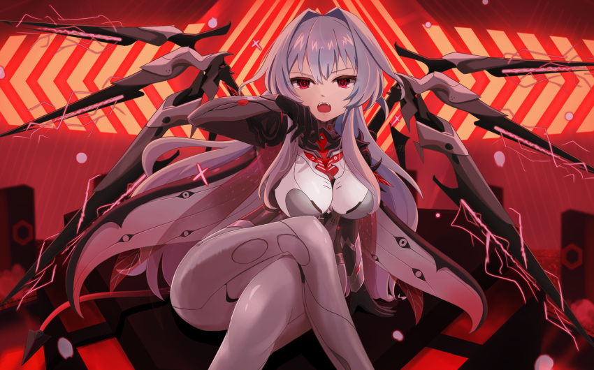 1girl breasts commentary_request grey_hair hair_between_eyes hand_up highres kurario-ru long_hair looking_at_viewer open_mouth pink_eyes pink_wings red_eyes rubilia_(tower_of_fantasy) sitting solo tail tower_of_fantasy wings