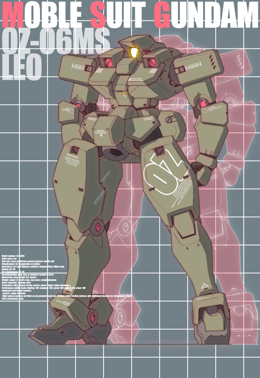 absurdres blue_background character_name commentary_request derivative_work english_text grid_background gundam gundam_wing highres ke_yukikaze leo_(mobile_suit) mecha mecha_focus mobile_suit no_humans original redesign robot roundel science_fiction shadow stats yellow_visor