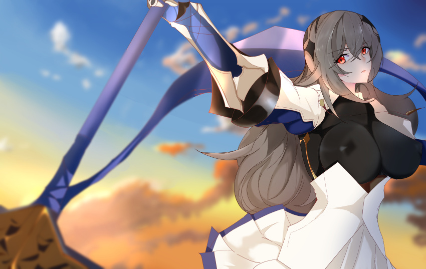 1girl absurdres azur_lane blue_trim breasts commentary_request covered_nipples diamond_hair_ornament evening gear0710 grey_hair hair_between_eyes highres holding holding_polearm holding_weapon large_breasts long_hair miniskirt outdoors pleated_skirt polearm red_eyes saint-louis_(azur_lane) skirt solo weapon white_skirt
