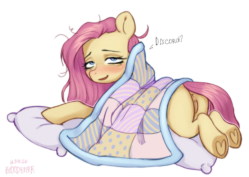 bed bed_sheet bedding bedhead bloodymrr blue_eyes blush equid equine female feral fluttershy_(mlp) friendship_is_magic full-length_portrait furniture genitals hair hasbro hi_res hooves humanoid_genitalia humanoid_vulva looking_at_viewer looking_back looking_up mammal mlp_g4 my_little_pony mythological_creature mythological_equine mythology nude pegasus pillow pink_hair pink_tail portrait simple_background smile smiling_at_viewer solo solo_focus speech_bubble tail tired vulva waking_up white_background wings yellow_body