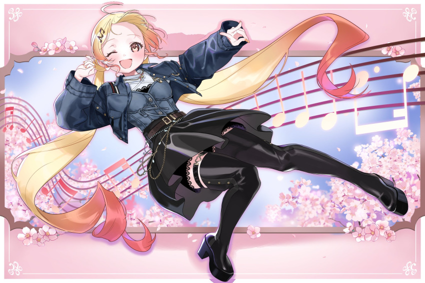 1girl ;d ahoge arm_up beamed_eighth_notes belt black_boots black_skirt blonde_hair blurry blurry_background boots border breasts cherry_blossoms commentary denim denim_jacket denim_shirt dot_nose floating floating_hair forehead full_body gradient_hair hair_ornament heart heart_necklace heart_ring_strap highres hololive hololive_dev_is jacket jewelry lace lace-trimmed_shorts lace_trim long_hair long_sleeves looking_at_viewer multicolored_hair musical_note musical_note_hair_ornament necklace official_alternate_costume official_alternate_hairstyle one_eye_closed open_mouth orange_hair otonose_kanade otonose_kanade_(flashpoint) petals raised_eyebrows red_eyes revision shirt shorts shorts_under_skirt sidelocks skirt small_breasts smile solo thigh_boots thigh_strap twintails two-tone_hair v very_long_hair virtual_youtuber white_border white_shirt zeroperpect