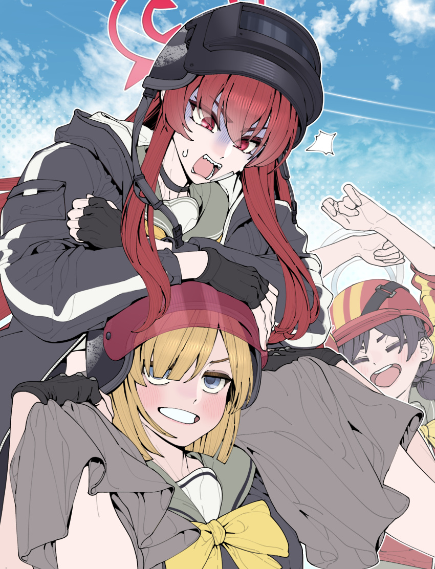 3girls altyn_helmet biker_gang_boss_(blue_archive) biker_gang_member_(sg)_(blue_archive) black_helmet black_jacket blonde_hair blue_archive blue_eyes combat_helmet commentary_request gloves hair_over_one_eye halo helmet highres jacket long_hair multiple_girls neckerchief rabu_(blue_archive) red_eyes red_hair red_halo sharp_teeth short_hair sungo_00 teeth