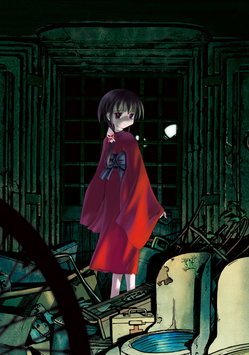 1girl absurdres analog_clock blurry blurry_foreground brown_hair clock commentary_request copyright_name cuckoo_clock depth_of_field doll doll_head expressionless first_aid_kit frog from_behind golf_club green_background grey_eyes highres indoors japanese_clothes kimono kurame kusari_hime:_euthanasia logo long_sleeves looking_at_viewer mizuhiki nakamura_tetsuya obi official_art plant propane_tank purple_sash red_kimono red_pupils red_sleeves rust sash solo_focus standing wheel wide_sleeves window