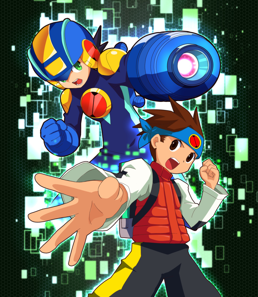 2boys arm_cannon backpack bag black_hair black_pants blue_bodysuit blue_gloves blue_headband blue_helmet bodysuit brothers brown_eyes brown_hair clenched_hand commentary_request gloves headband helmet highres honeycomb_(pattern) honeycomb_background lan_hikari_(mega_man) male_focus mega_man_(series) mega_man_battle_network_(series) megaman.exe multiple_boys netnavi open_mouth outstretched_arm pants powering_up red_vest sakurajyousui_nami shirt short_hair shoulder_pads siblings standing vest weapon white_shirt