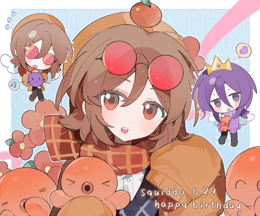 1boy 1girl :d animification artist_request beanie birthday black_sweater_vest brown_hair cardigan chibi chibi_inset chinese_commentary commentary_request commission crown dated english_text eyewear_on_head flower happy_birthday hat highres humanization lifesteal_smp looking_at_viewer minecraft_youtube octopus open_cardigan open_clothes open_mouth orange_cardigan orange_eyes orange_hat orange_scarf purple_hair purple_sweater red-tinted_eyewear red_flower round_eyewear scarf second-party_source shirt short_hair sleeves_past_fingers sleeves_past_wrists smile solo_focus squiddo sunglasses sweater sweater_vest tinted_eyewear upper_body variant_set wemmbu white_shirt