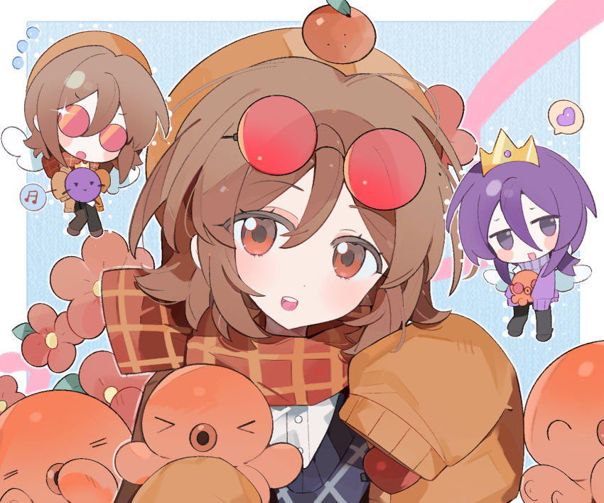 1boy 1girl :d animification artist_request beanie black_sweater_vest brown_hair cardigan chibi chibi_inset chinese_commentary commentary_request commission crown english_text eyewear_on_head flower hat highres humanization lifesteal_smp looking_at_viewer minecraft_youtube octopus open_cardigan open_clothes open_mouth orange_cardigan orange_eyes orange_hat orange_scarf purple_hair purple_sweater red-tinted_eyewear red_flower round_eyewear scarf second-party_source shirt short_hair sleeves_past_fingers sleeves_past_wrists smile solo_focus squiddo sunglasses sweater sweater_vest textless_version tinted_eyewear upper_body variant_set wemmbu white_shirt