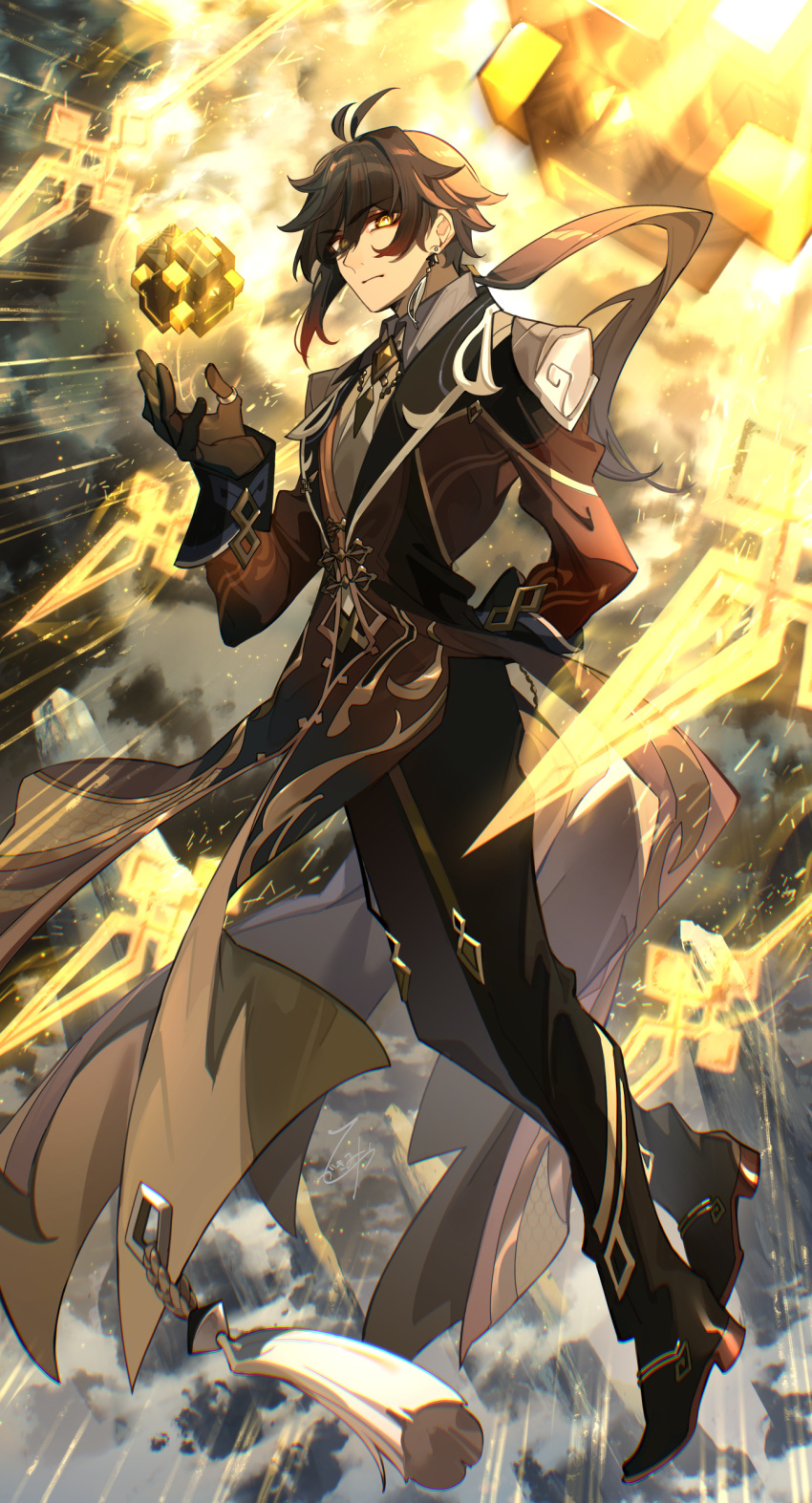 1boy absurdres ahoge arm_behind_back armor brown_hair brown_pants brown_shoes brown_suit colorful_clouds commentary_request empty_eyes frown genshin_impact grey_necktie grey_sky hand_up highres hizuki_miya long_hair looking_at_viewer male_focus meteor necktie pants ponytail shoes shoulder_armor sidelocks sky solo suit tailcoat tassel yellow_eyes zhongli_(genshin_impact)