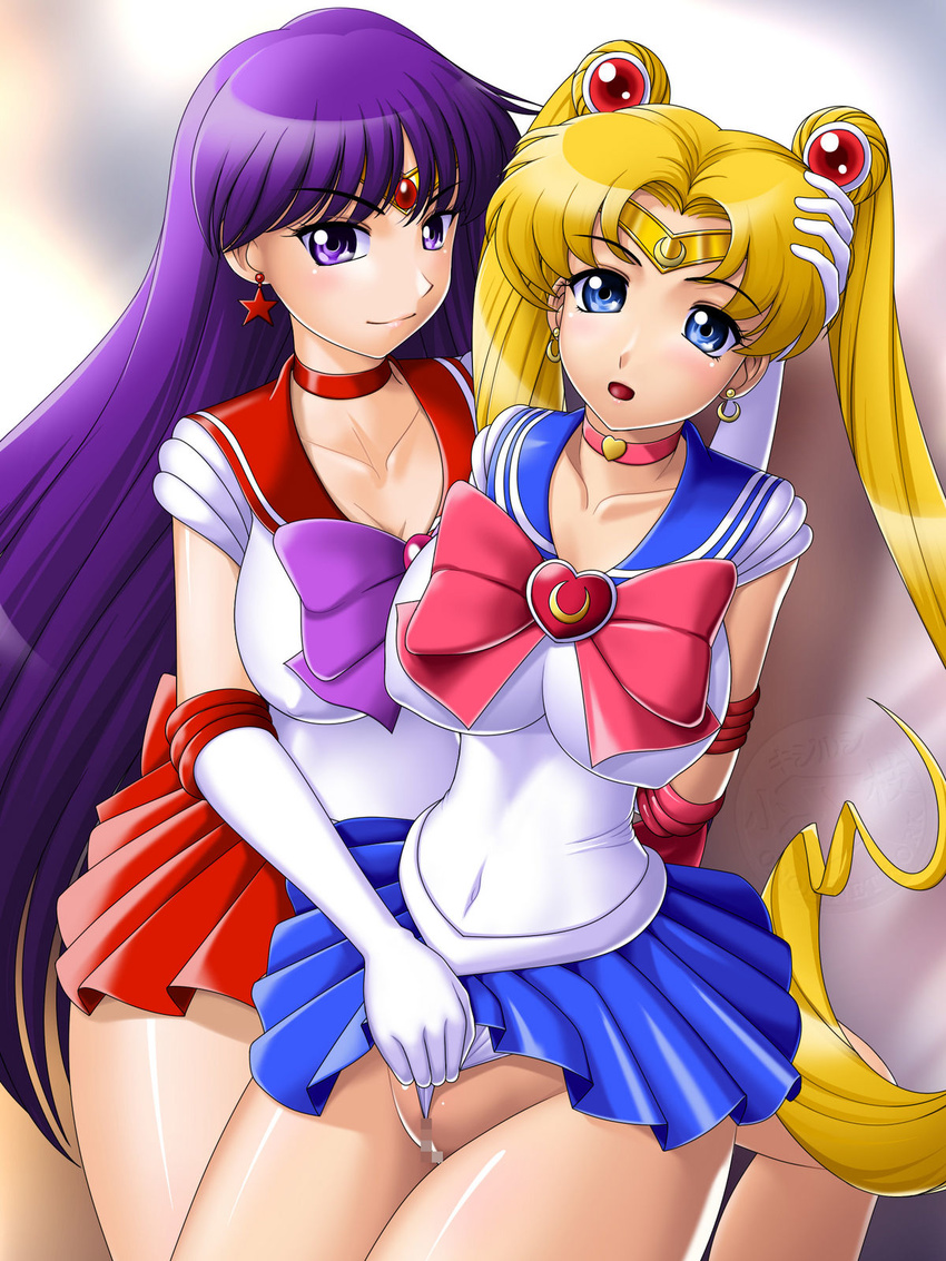 bishoujo_senshi_sailor_moon black_hair blonde_hair breasts cameltoe censored double_bun erect_nipples fingering highres hino_rei long_hair onoe rei_hino sailor_mars sailor_moon tsukino_usagi usagi_tsukino yuri