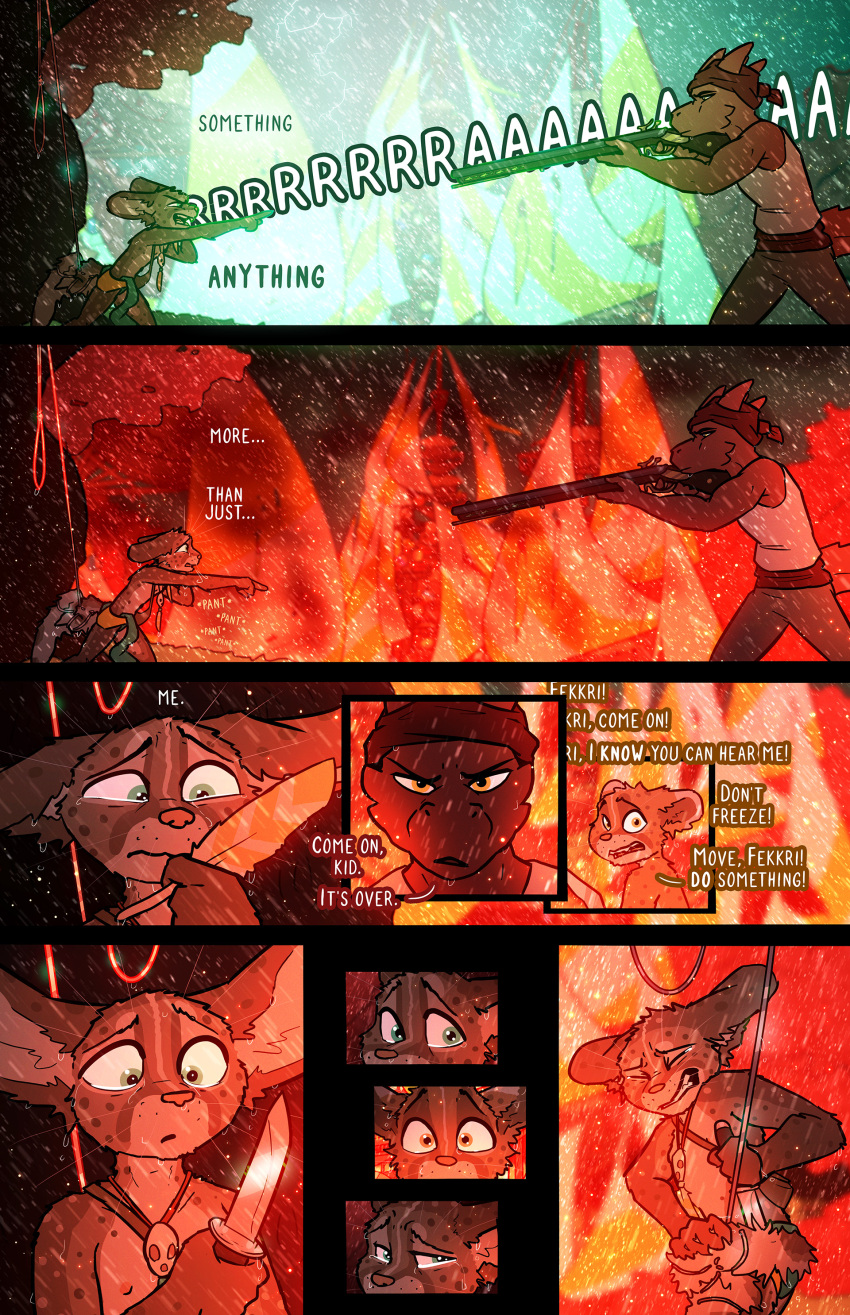 absurd_res catfolk comic dialogue electricity english_text fantasy fek fekkri_talot fire gun hi_res kite_tower knife lightning ranged_weapon rikken_talot snare_trap text the_sparks_of_daybreak weapon