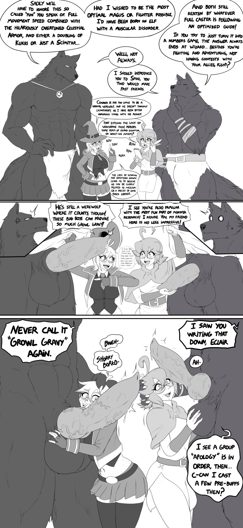 6:13 abs absurd_res animal_genitalia animal_penis anthro ball_fondling balls biceps biped bottomwear breasts bulge canid canine canine_genitalia canine_penis clothed clothed/nude clothing comic connor_tor dialogue english_text erection eyewear female fondling genitals glasses group hi_res human human_on_anthro interspecies knot larger_anthro larger_male male male/female mammal miniskirt monochrome muscular muscular_male mythological_canine mythological_creature mythology nude pecs penis redboard size_difference skirt smaller_female smaller_human speech_bubble text topless vein veiny_penis wearing_glasses werecanid werecanine werecreature werewolf