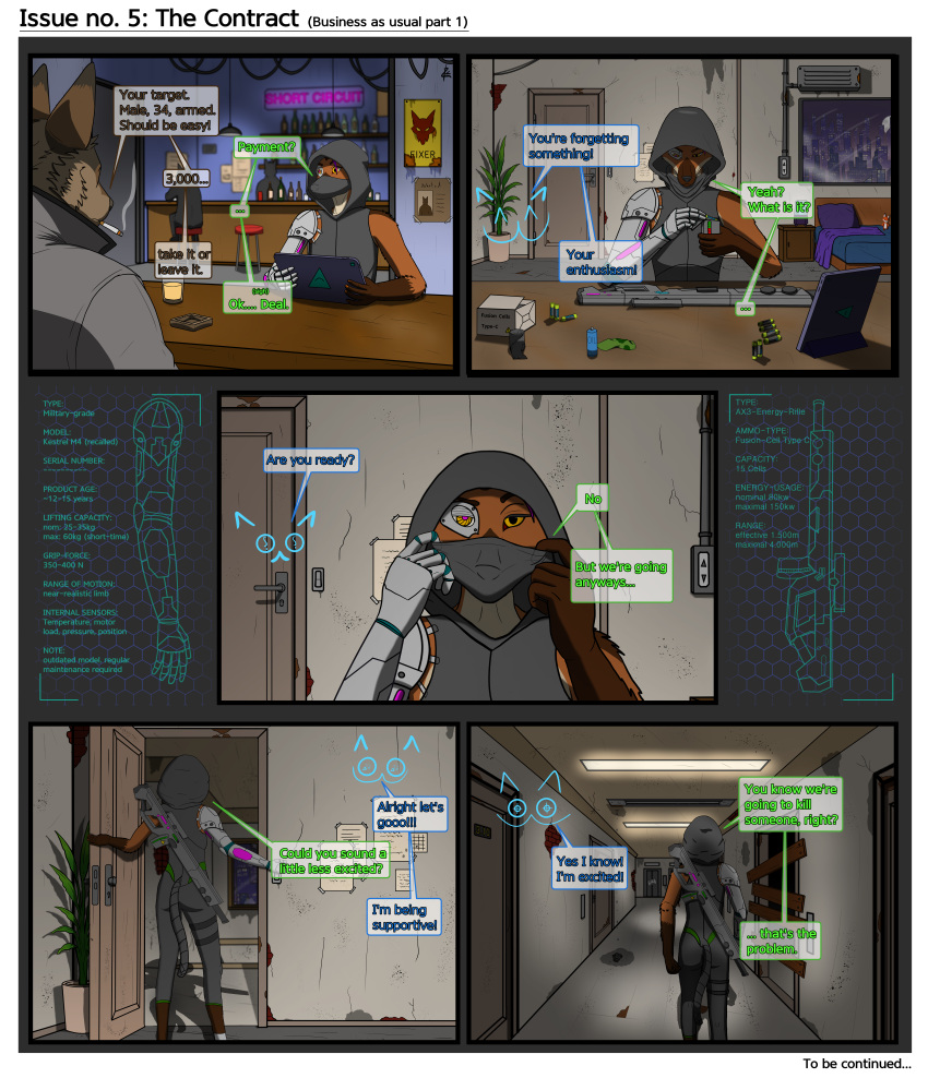 5_fingers absurd_res alcohol_bottle amber_eyes ambiguous_gender annoyed anthro ashtray bar beer_bottle beverage_bottle bottle box broken_lamp butt canid canine cigarette clothing comic container crosshair_eyes cybernetic_arm cybernetic_foot cybernetic_limb cyberpunk detailed_background diagram dialogue digitigrade discussion door dripping_water english_text fingers front_view fur grey_clothing group gun hair hallway hexagon_background hexagonal_grid hi_res holding_object hood humor inside jumpsuit lamp leg_markings leg_pouch loading_gun long_snout looking_at_another looking_at_viewer looking_down mammal markings mask messy_bed multicolored_body multicolored_fur neon_lights neon_sign on_hind_legs paws plant plushie purple_hair raining ranged_weapon rear_view redacted_text rifle rust salvation_(zk-fur) shaded sigh sign sitting smaller_version_at_source smoking smoking_cigarette snout tablet text trio visual_humor walking weapon wrapped_tail zk-fur