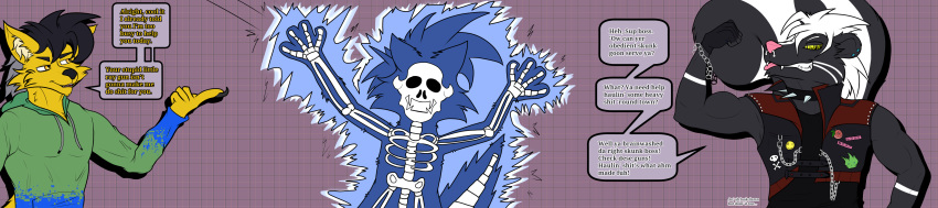 absurd_res alternative_fashion annoyed brainwashing caine_latrans caine_latrans_(artist) canid canine canis chain clothing coyote dialogue ear_piercing english_text facial_piercing fingerless_gloves gloves handwear hi_res hypnosis leather leather_clothing long_image male mammal mephitid mind_control nose_piercing piercing punk skunk skunk_tail smug smug_grin speech_bubble spiral spiral_eyes text tongue tongue_out toony transformation wide_image zapped