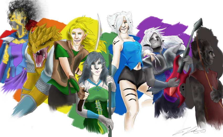 2012 5_fingers absurd_res animal_humanoid anthro arm_markings armor arms_bent bangs black_body black_bottomwear black_clothing black_fur black_hair black_hotpants black_markings black_nose black_shorts blonde_eyebrows blonde_hair blue_cape blue_clothing blue_eyes blue_topwear blue_tube_top bottomwear bow_(weapon) breastplate breasts brown_clothing brown_fingerless_gloves brown_gloves brown_handwear brown_topwear brown_vest cape chainmail claws clothed clothed_anthro clothed_female clothed_humanoid clothed_male clothing colored digital_drawing_(artwork) digital_media_(artwork) dragonborn_(dnd) dress drow dungeons_and_dragons eladrin_(dnd) electric_guitar elf english_description eyebrows eyes_closed fangs felid felid_humanoid feline feline_humanoid female female_humanoid feyor_the_eladrin finger_claws fingerless_gloves fingers fully_clothed fully_clothed_female fully_clothed_humanoid fully_clothed_male fur gaelfox gauntlets genasi gloves green_clothing green_corset green_dress green_eyes green_shirt green_topwear grey_body grey_claws grey_hair grey_skin group guitar gwind_the_genasi hair hair_over_eye handwear hansi_the_drow happy hasbro heskan_the_dragonborn hi_res holding_bow_(weapon) holding_katana holding_melee_weapon holding_object holding_ranged_weapon holding_staff holding_sword holding_weapon holt_the_razorclaw horn hotpants humanoid humanoid_pointy_ears katana leg_markings light lighting lips long_hair looking_at_viewer male male_anthro male_humanoid mammal mammal_humanoid markings medium_breasts medium_hair melee_weapon multi_horn multicolored_body multicolored_clothing multicolored_dress multicolored_skin musical_instrument not_furry_focus open_mouth open_smile orange_markings pink_lips playing_guitar playing_music plucked_string_instrument pointy_ears ponytail pose pseudo_hair pupils ranged_weapon razorclaw_shifter red_eyes red_tongue scalie shaded shifter shirt short_hair shorts shoulder_markings signature simple_background slit_pupils smile smiling_at_viewer smoke smoke_hair staff standing storm_fury_(gaelfox) string_instrument sword tan_body tan_skin teeth tongue topaz_the_longtooth topwear tube_top vest weapon white_background white_ears white_hair white_sclera wizards_of_the_coast yellow_body yellow_eyes yellow_horn yellow_skin