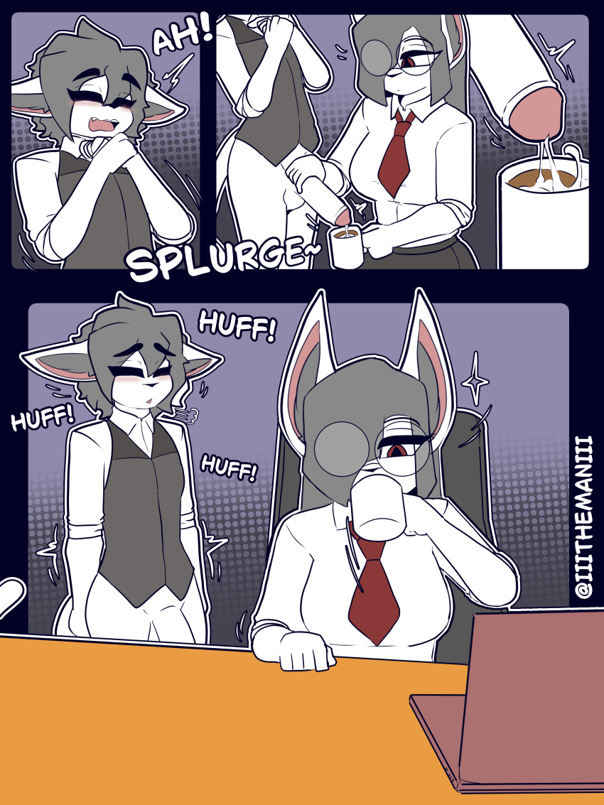 3:4 absurd_res accessory anthro balls beverage blush bodily_fluids bottomless breasts breath brother_(lore) brother_and_sister_(lore) clothed clothing coffee comic computer container cum cum_as_food cum_collecting cum_dispenser cum_in_beverage cum_in_coffee cum_in_container cum_in_mouth cum_inside cup del_(the_man) drinking drinking_cum duo electronics erection eyes_closed eyewear felid feline female femboy fur genital_fluids genitals glasses grey_hair hair handjob hi_res humanoid_genitalia incest_(lore) looking_pleasured male male/female mammal mug necktie onomatopoeia orgasm panting penile penis red_eyes sex sibling_(lore) sister_(lore) sound_effects symbol text the_boy_(the_man) the_man topwear vest white_body