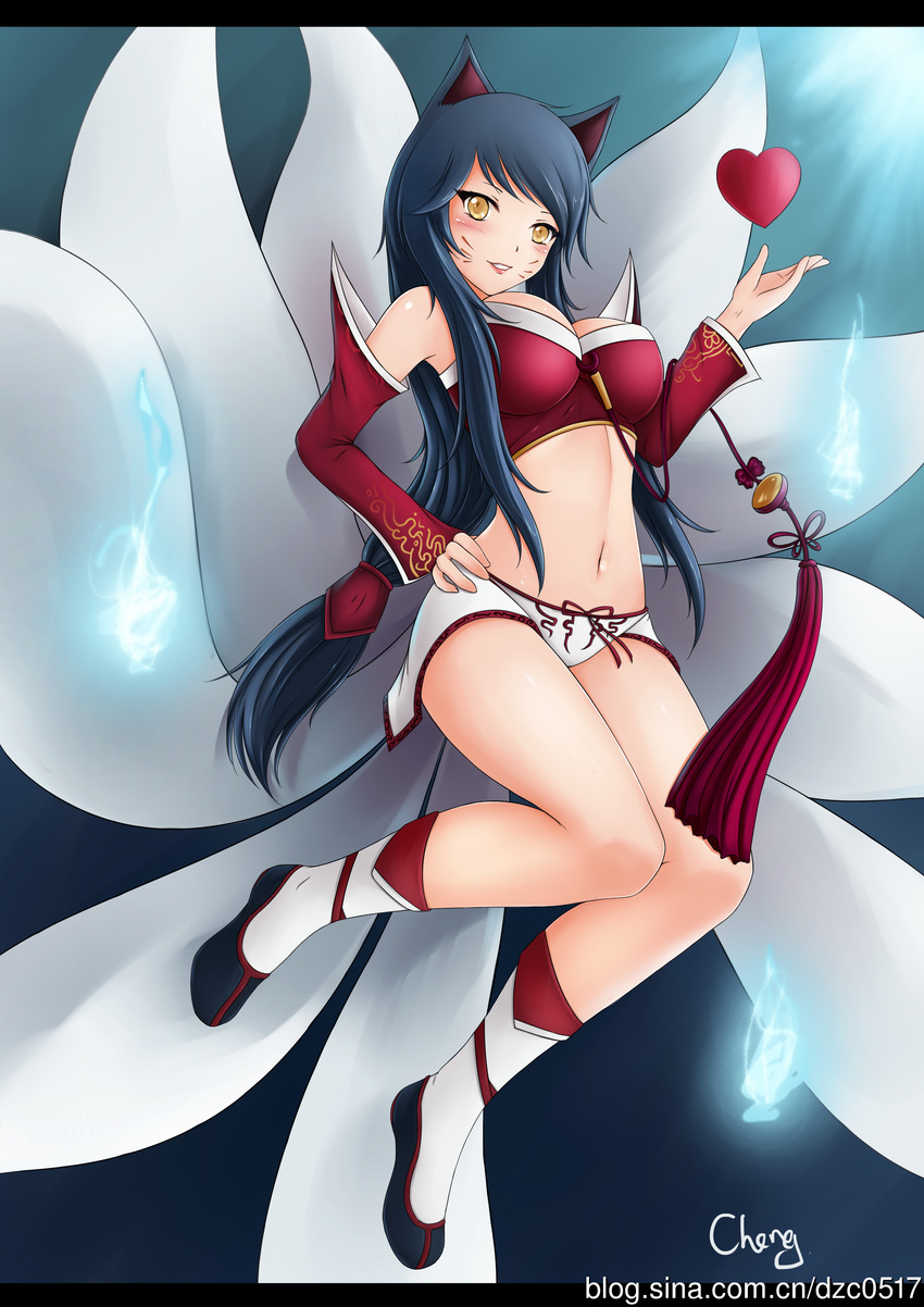 absurdres ahri animal_ears black_hair blush breasts cheng cleavage detached_sleeves facial_mark fire flame fox_ears fox_tail heart highres large_breasts league_of_legends long_hair looking_at_viewer multiple_tails navel panties smile solo tail underwear whisker_markings yellow_eyes