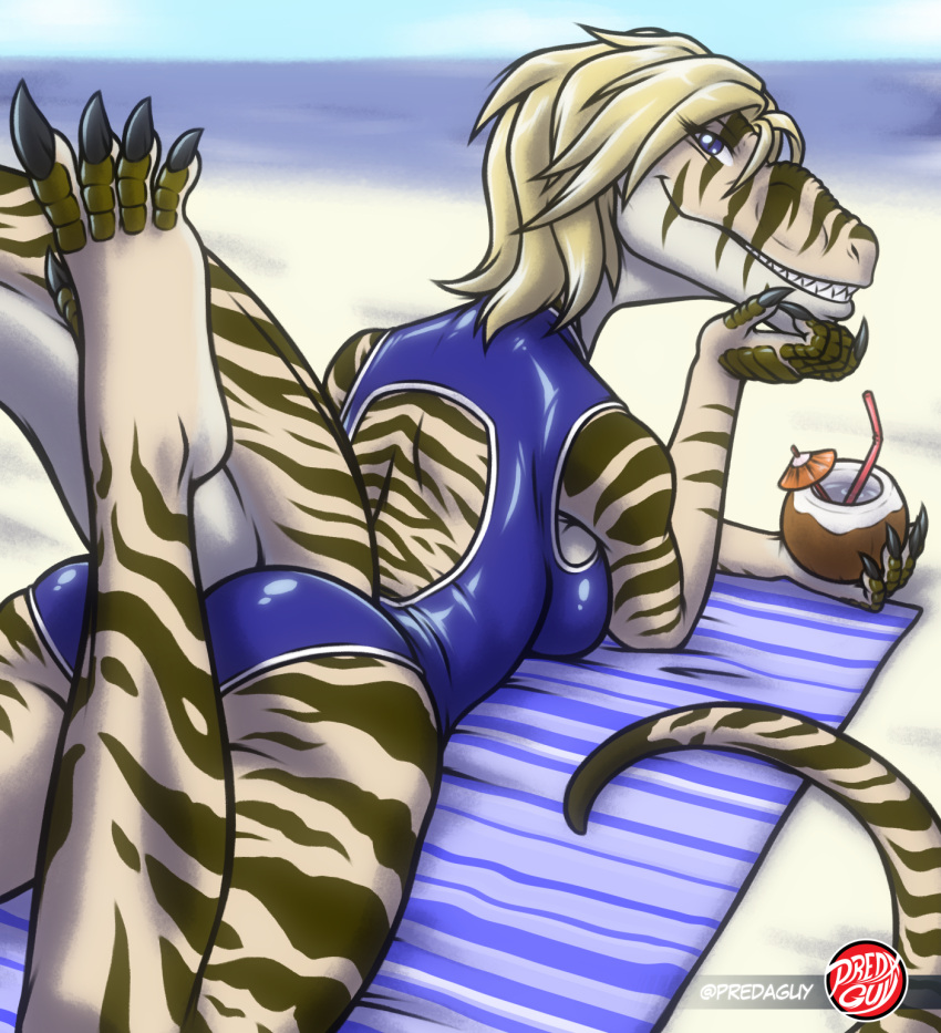 anthro anthrosaurs arm_support backless_swimsuit bared_fangs bared_teeth beach beach_towel beverage big_butt blonde_hair breasts butt butt_squish claws clothing cocktail_garnish cocktail_umbrella coconut coconut_drink countershade_face countershade_feet countershade_hands countershade_neck countershade_tail countershading dinosaur drinking_straw drupe_(fruit) feet female female_anthro finger_claws food fruit hair head_on_hand hi_res horizon leaning_on_elbow looking_at_viewer looking_back lying markings melissa_(rhazzazor) non-mammal_breasts on_front one-piece_swimsuit plant predaguy prehistoric_species reptile sand saurischian scalie scuted_feet scuted_hands scutes seductive short_hair smile smiling_at_viewer squish strategically_covered striped_body striped_markings striped_tail striped_thighs stripes sunbathing swimsuit_only swimwear tail tail_markings teeth theropod thick_tail thick_thighs toe_claws towel tyrannosaurid tyrannosauroid tyrannosaurus tyrannosaurus_rex wide_hips