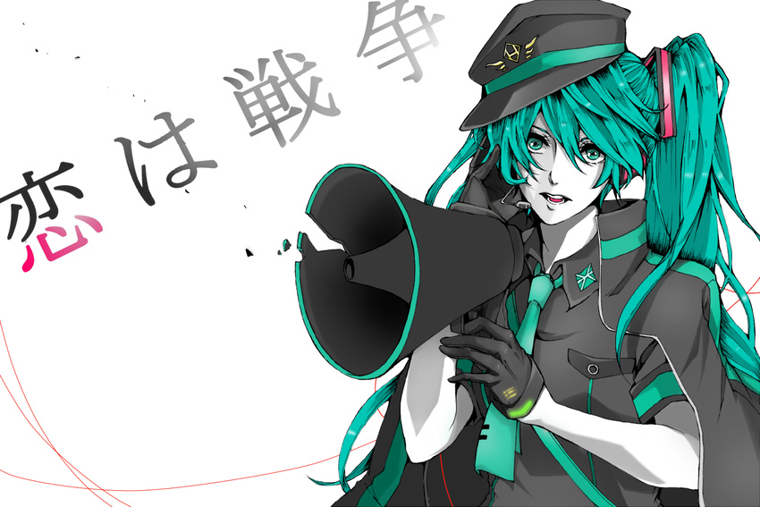 gloves green_eyes green_hair hat hatsune_miku koi_wa_sensou_(vocaloid) long_hair megaphone necktie peaked_cap solo transparent_background twintails vocaloid