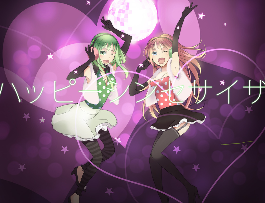 blue_eyes green_eyes green_hair gumi happy_synthesizer_(vocaloid) headphones long_hair megurine_luka pink_hair rokka666 short_hair skirt thighhighs vocaloid