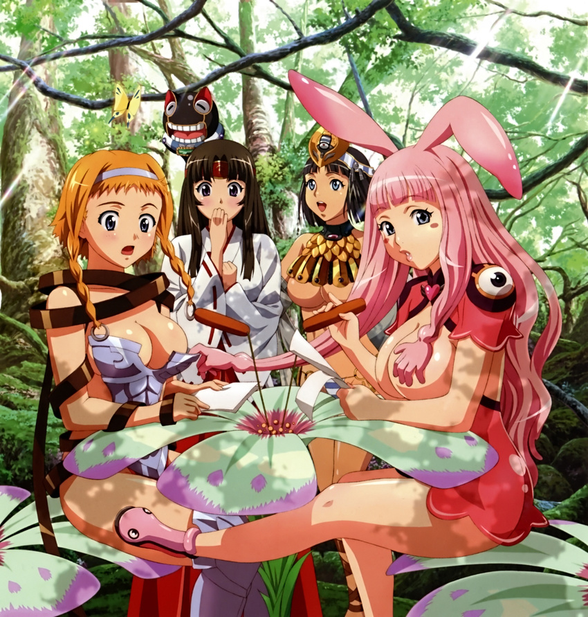 +_+ animal_ears black_hair blonde_hair blue_eyes blush breasts brown_hair bunny_ears butterfly flower forest goo_girl highres japanese_clothes large_breasts leina melona menace miko monster_girl nature pink_hair prehensile_hair purple_eyes queen's_blade queen's_blade rin-sin setra sitting tomoe