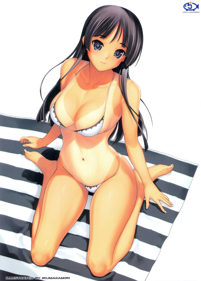 akiyama_mio arm_support artist_name bangs barefoot bikini black_eyes black_hair blush breasts cleavage fingernails full_body head_tilt highres hime_cut iruma_kamiri k-on! kneeling lace lace-trimmed_bikini large_breasts light_smile long_fingernails long_hair nail_polish navel shiny shiny_skin sideboob simple_background sitting skindentation smile solo strap_gap string_bikini striped swimsuit tan tanline towel wariza white_background white_bikini wide_hips